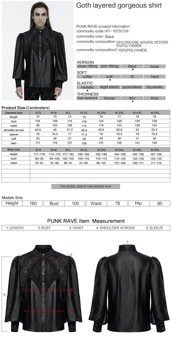 Ficha técnica y tabla de medidas de la camisa gótica negra de hombre con encaje