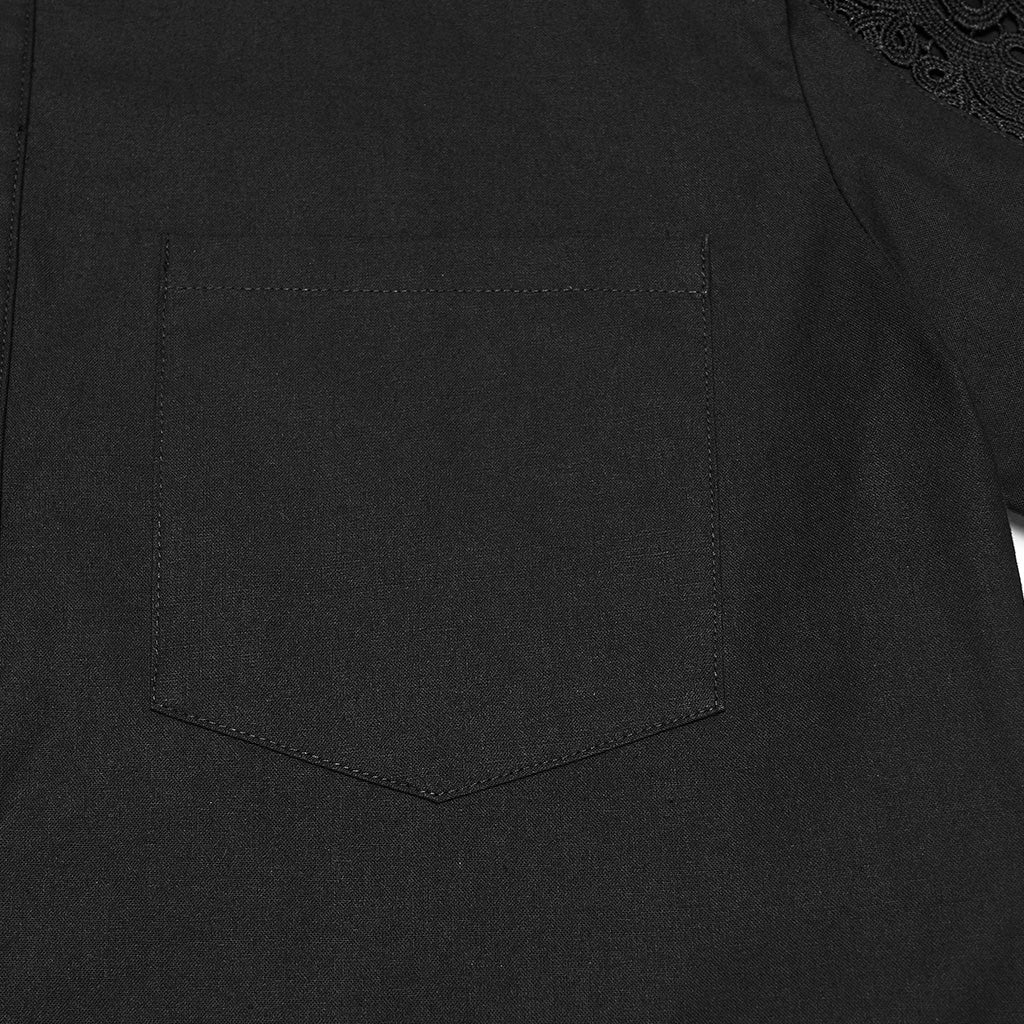Bolsillo de parche en pico del pecho de la camisa negra de algodón