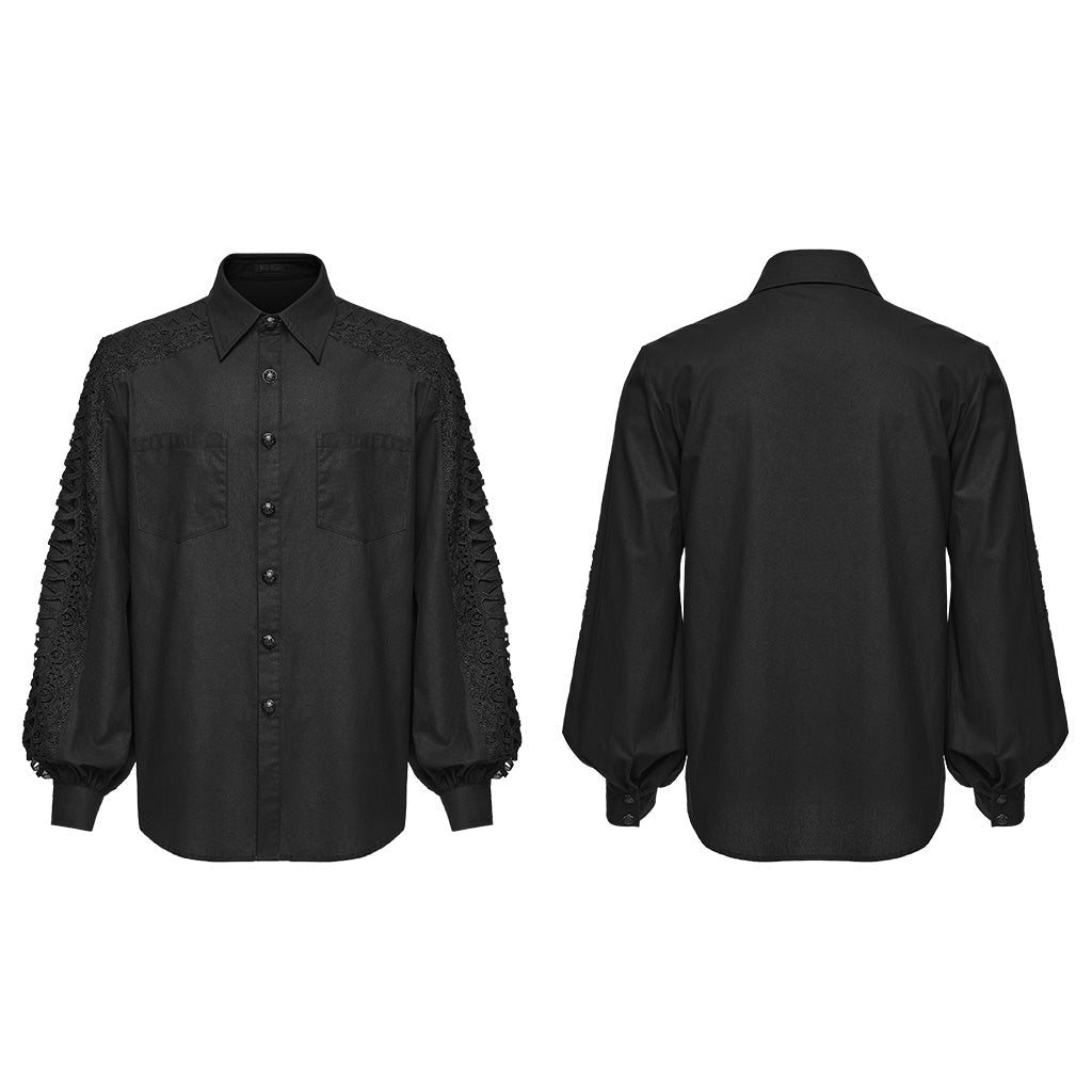 Camisa negra de mangas de encaje sin modelo, delantero y espalda