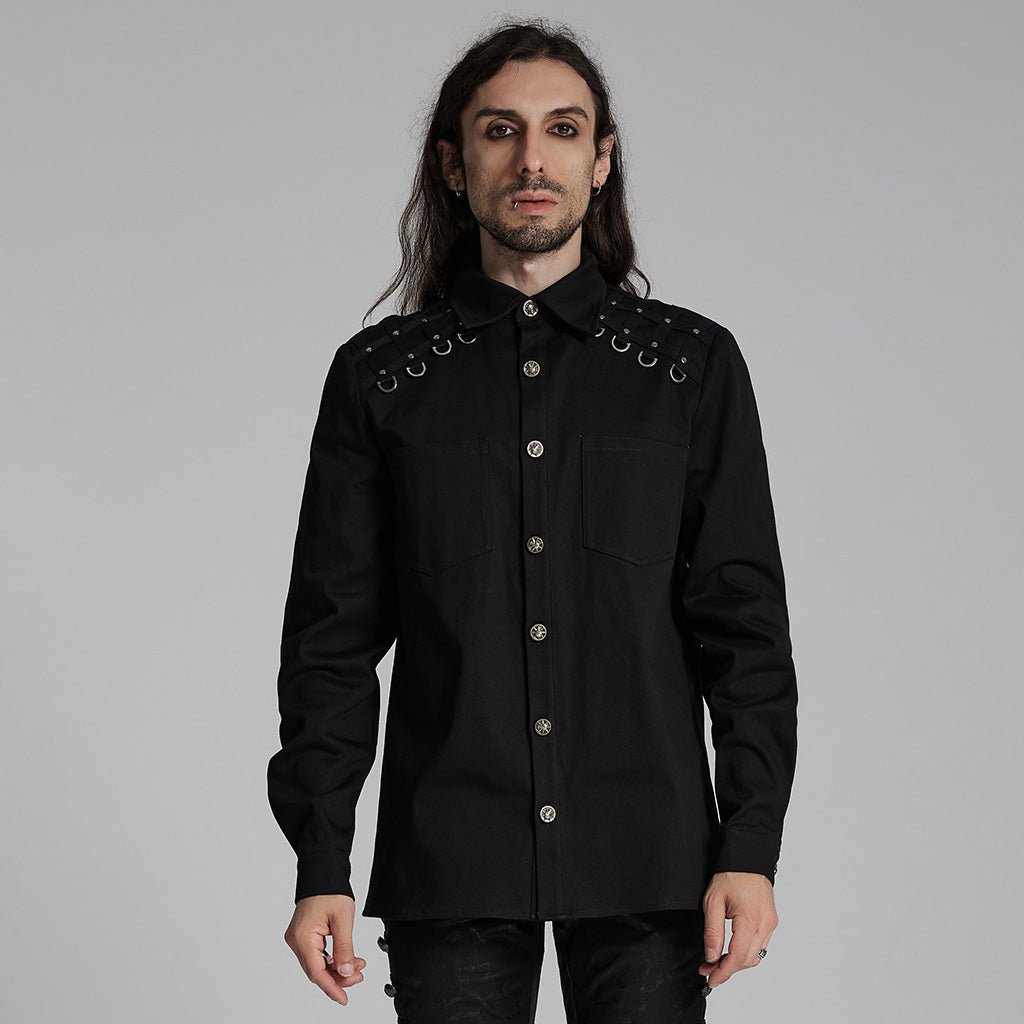 Camisa punk negra de hombre con cinchas cruzadas y anillas en D, vista frontal puesta