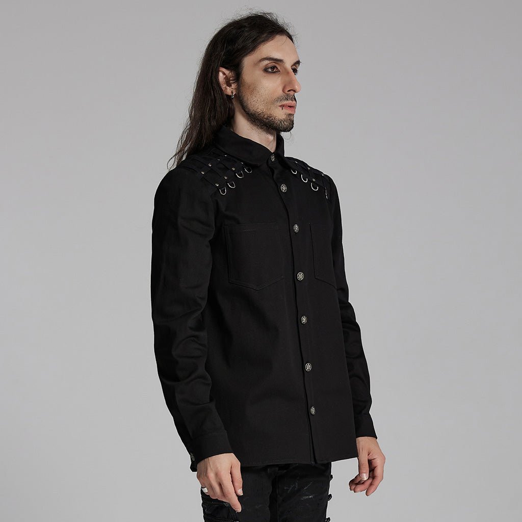 Camisa punk negra de hombre vista de tres cuartos con el enrejado de cinchas del hombro