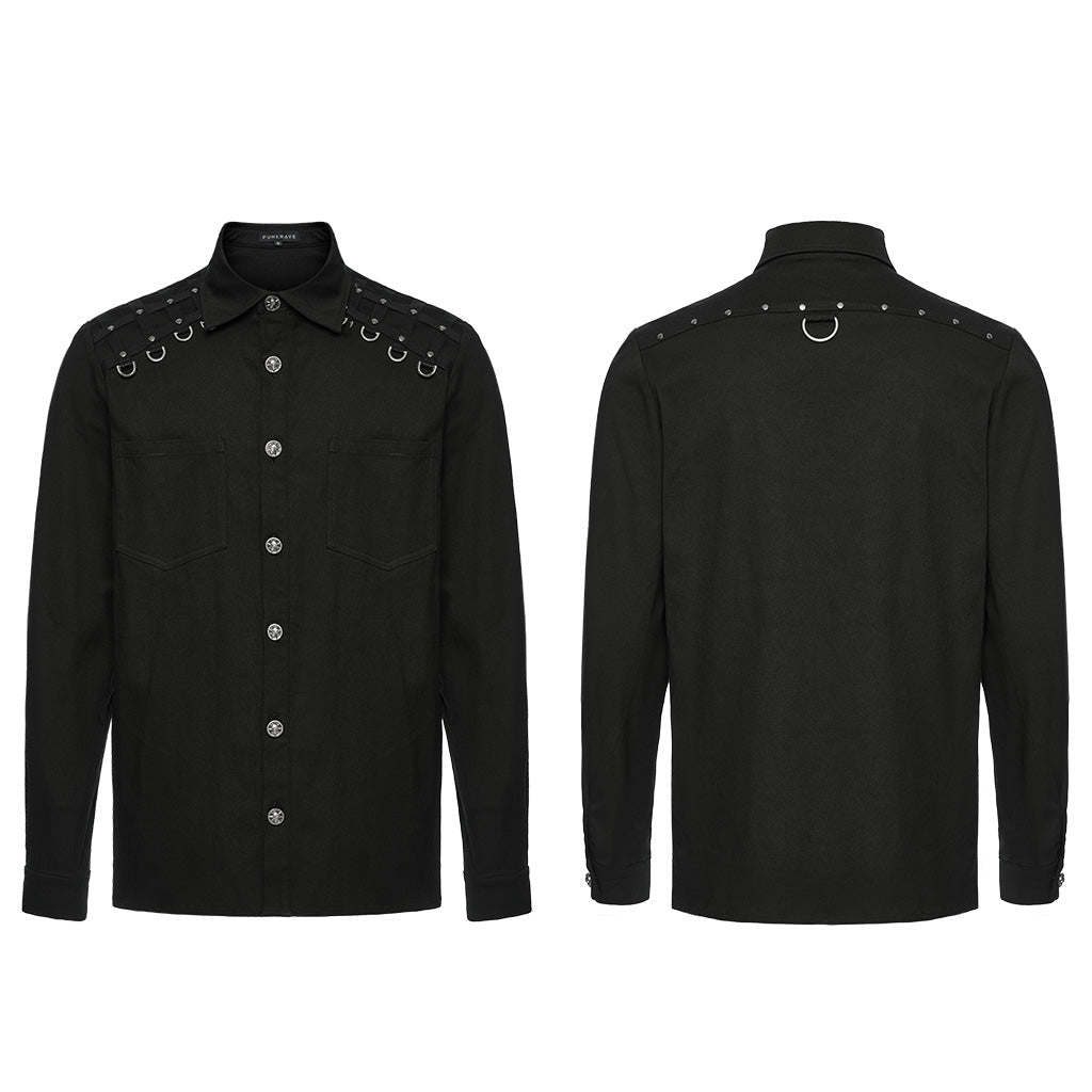 Camisa punk negra de hombre sin modelo, delantero y espalda sobre fondo blanco