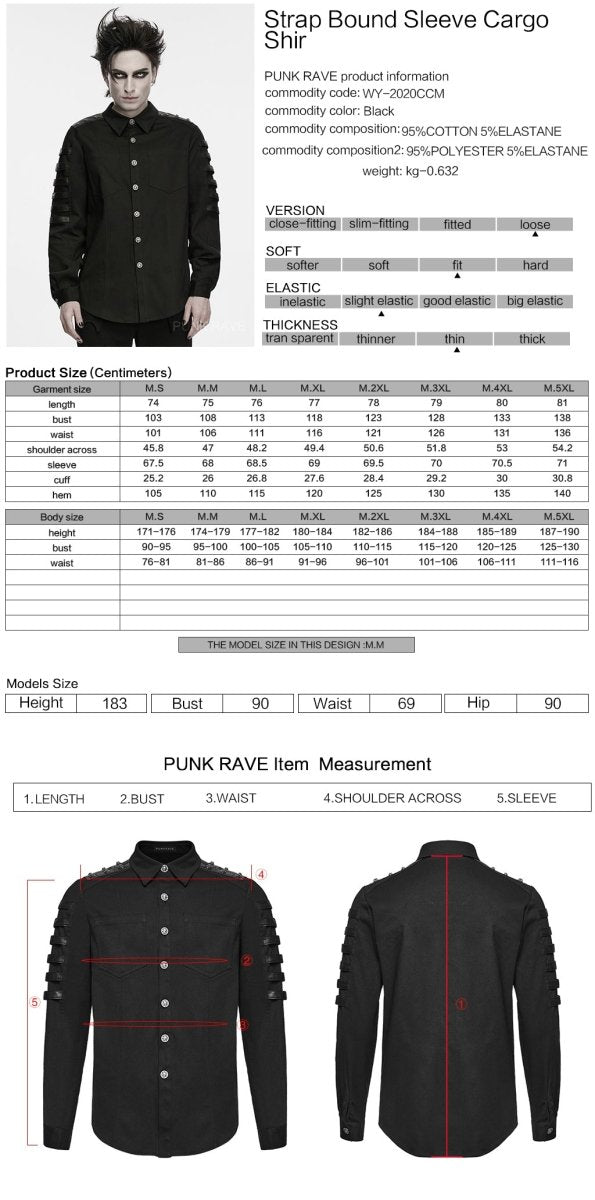 Ficha técnica y tabla de medidas de la camisa punk negra de hombre con tiras efecto piel