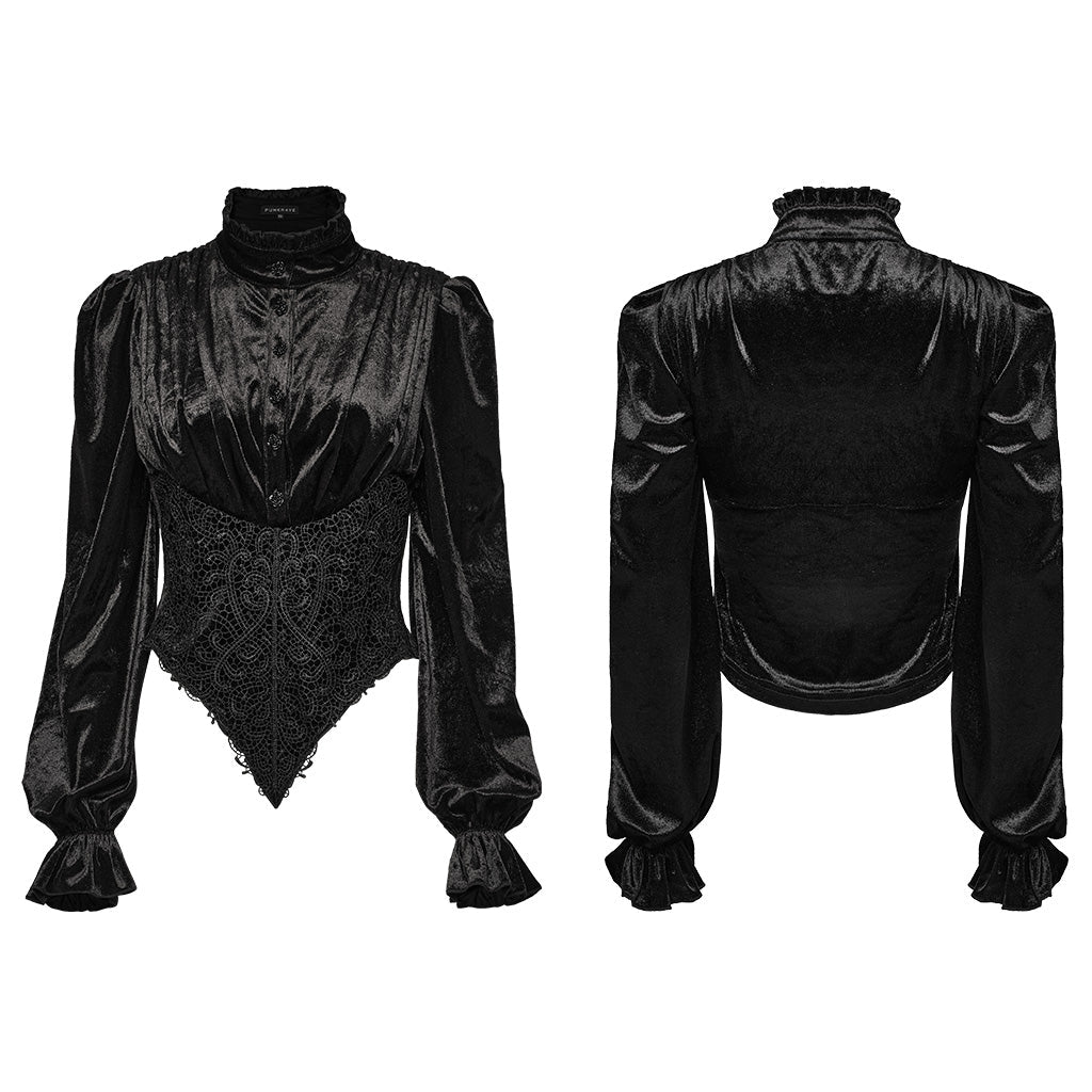 Camisa victoriana de terciopelo negro en plano, delantero con encaje en punta y espalda
