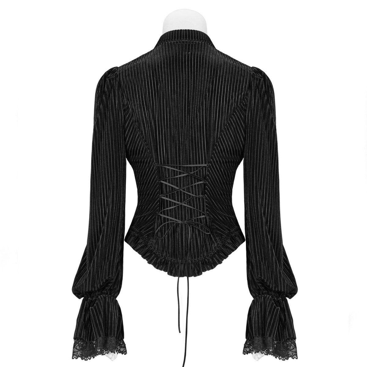 Retro della camicia gotica nera con allacciatura a cordoncino in vita