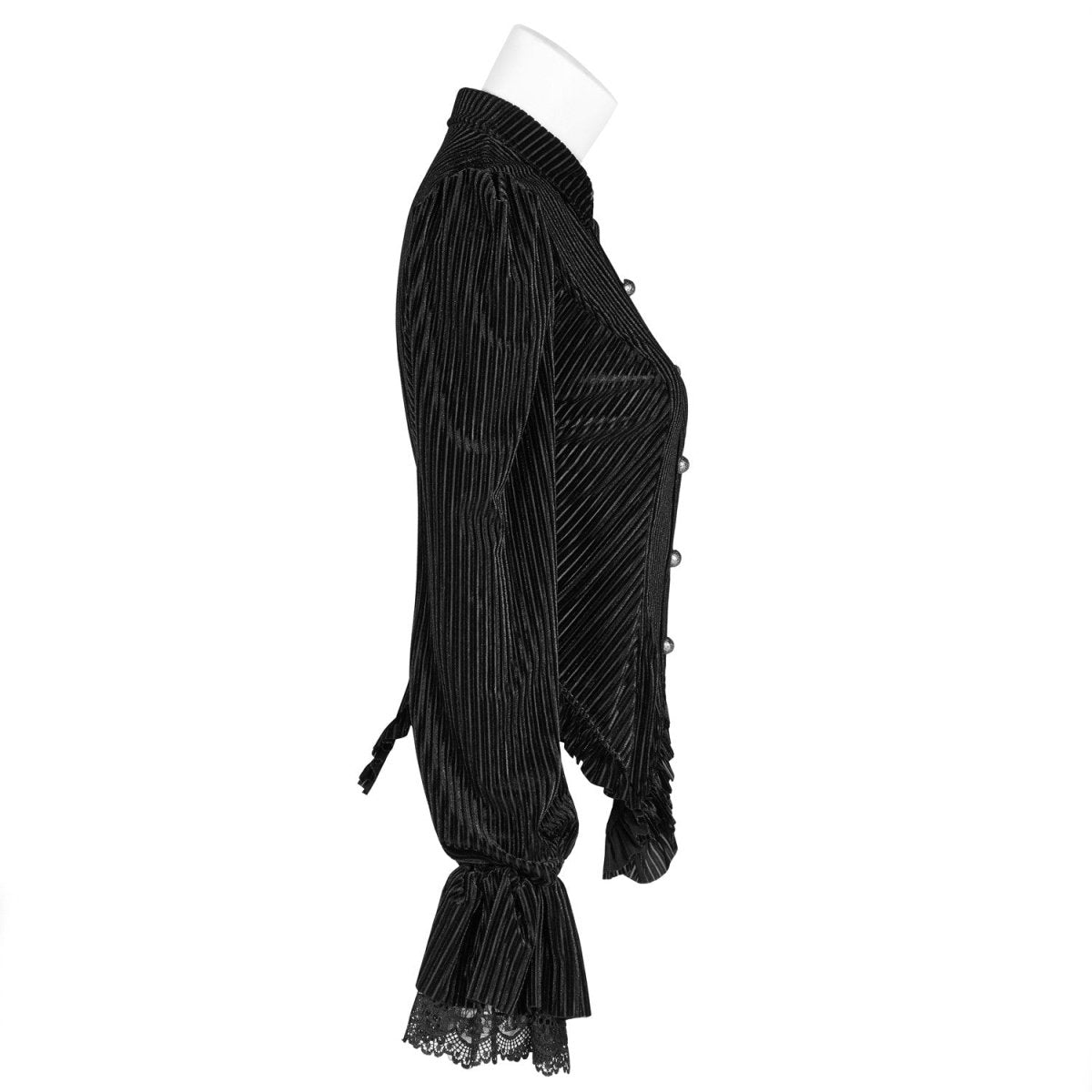Vista laterale della camicia in velluto nero con spalla a sbuffo e manica a campana
