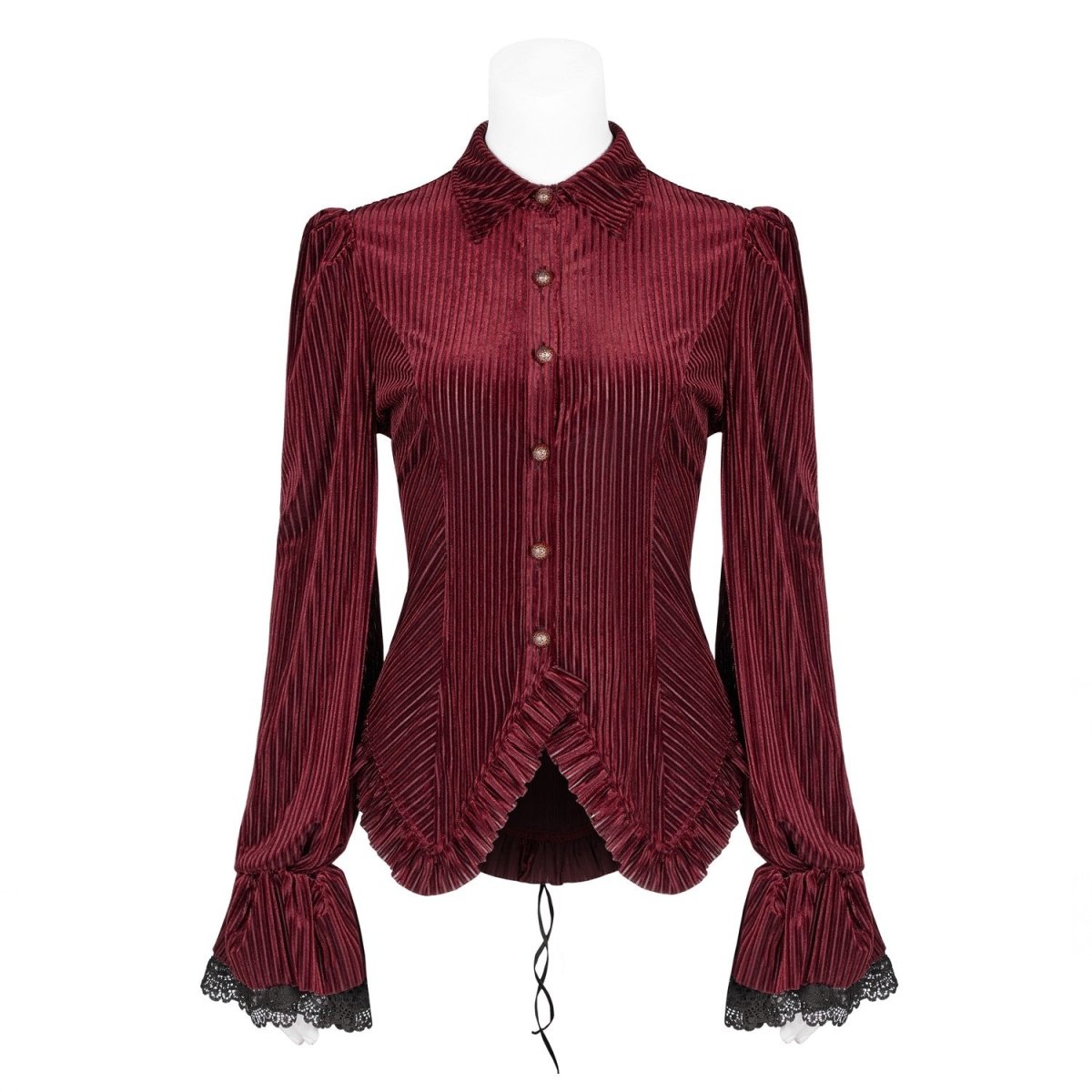 Chemise victorienne en velours rouge rayé sur buste, devant boutonné et poignets en dentelle noire