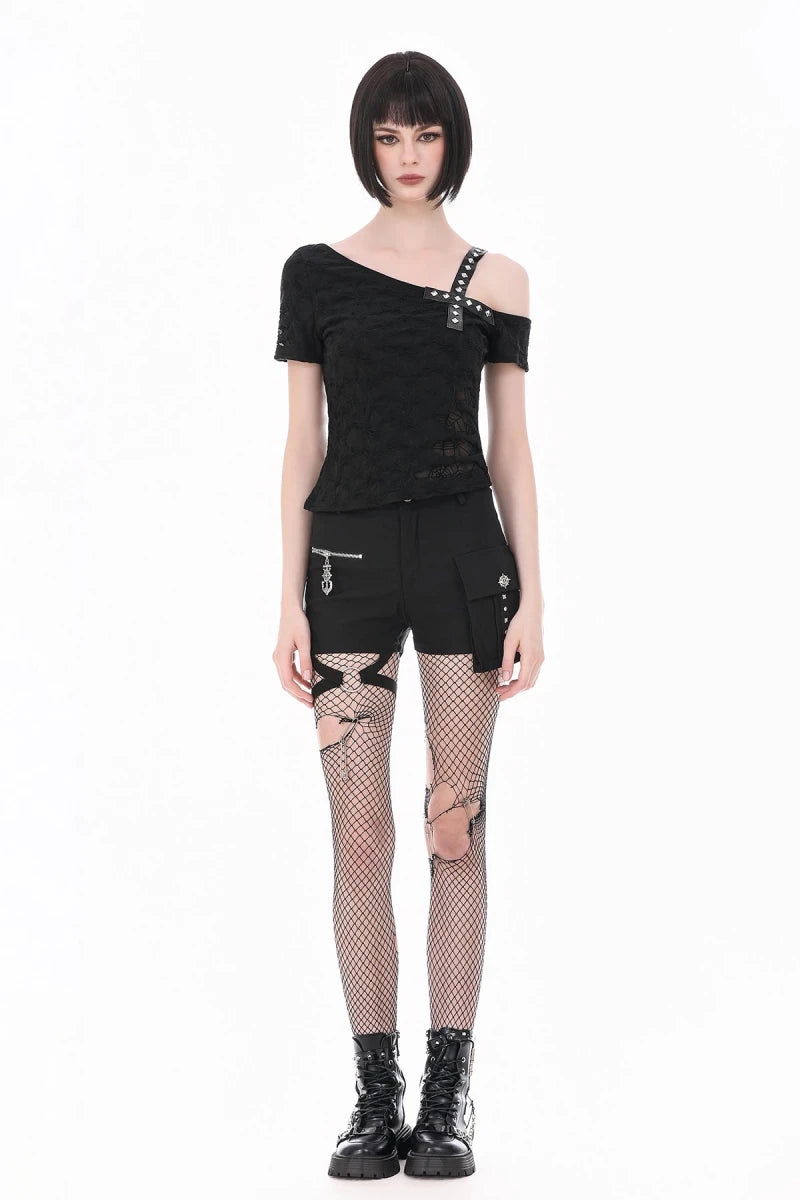 Camiseta Asimétrica con Cruz de Tachuelas y Hombro al Aire - Crazyinlove