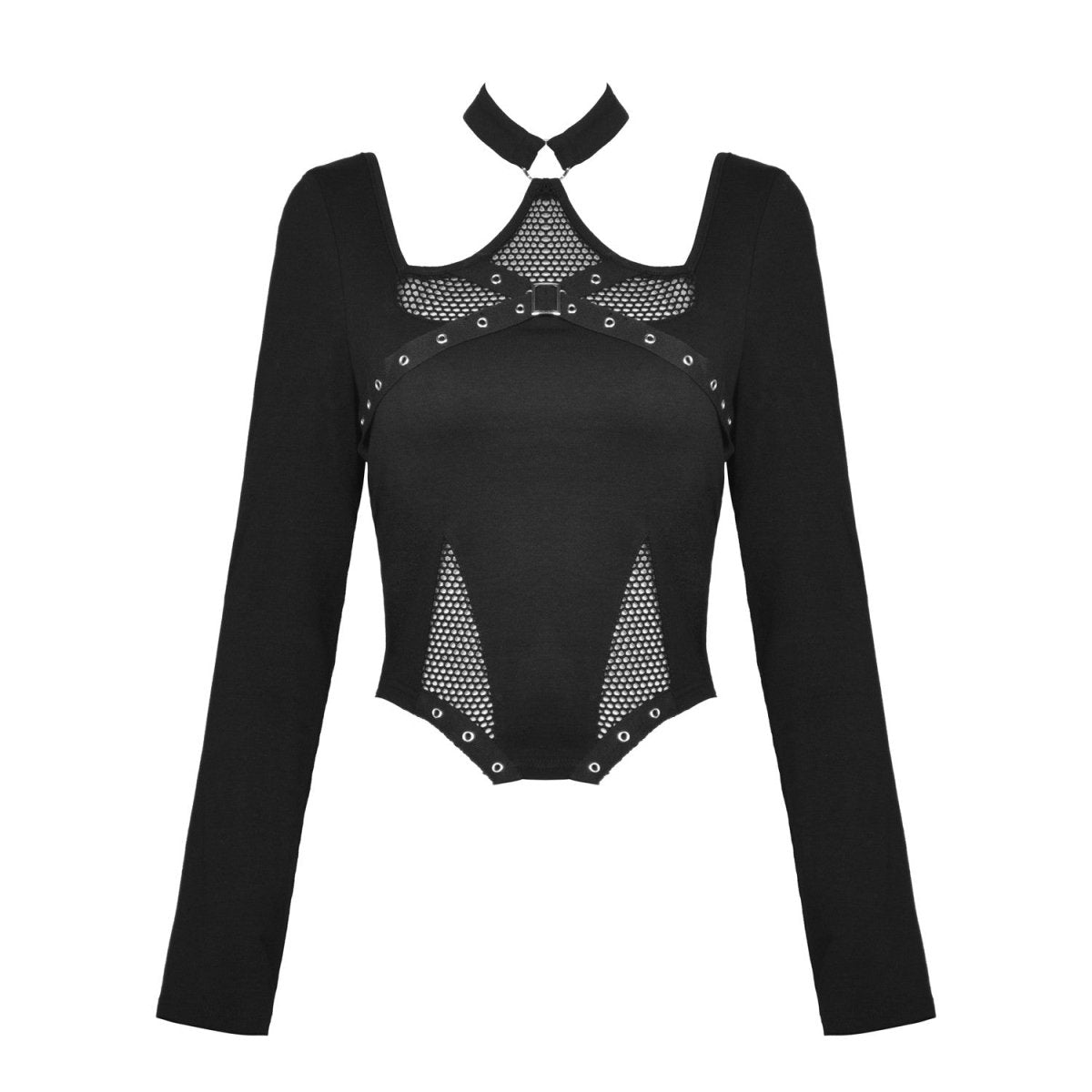 Camiseta negra de rejilla con hebilla decorativa - detalle de mangas de rejilla