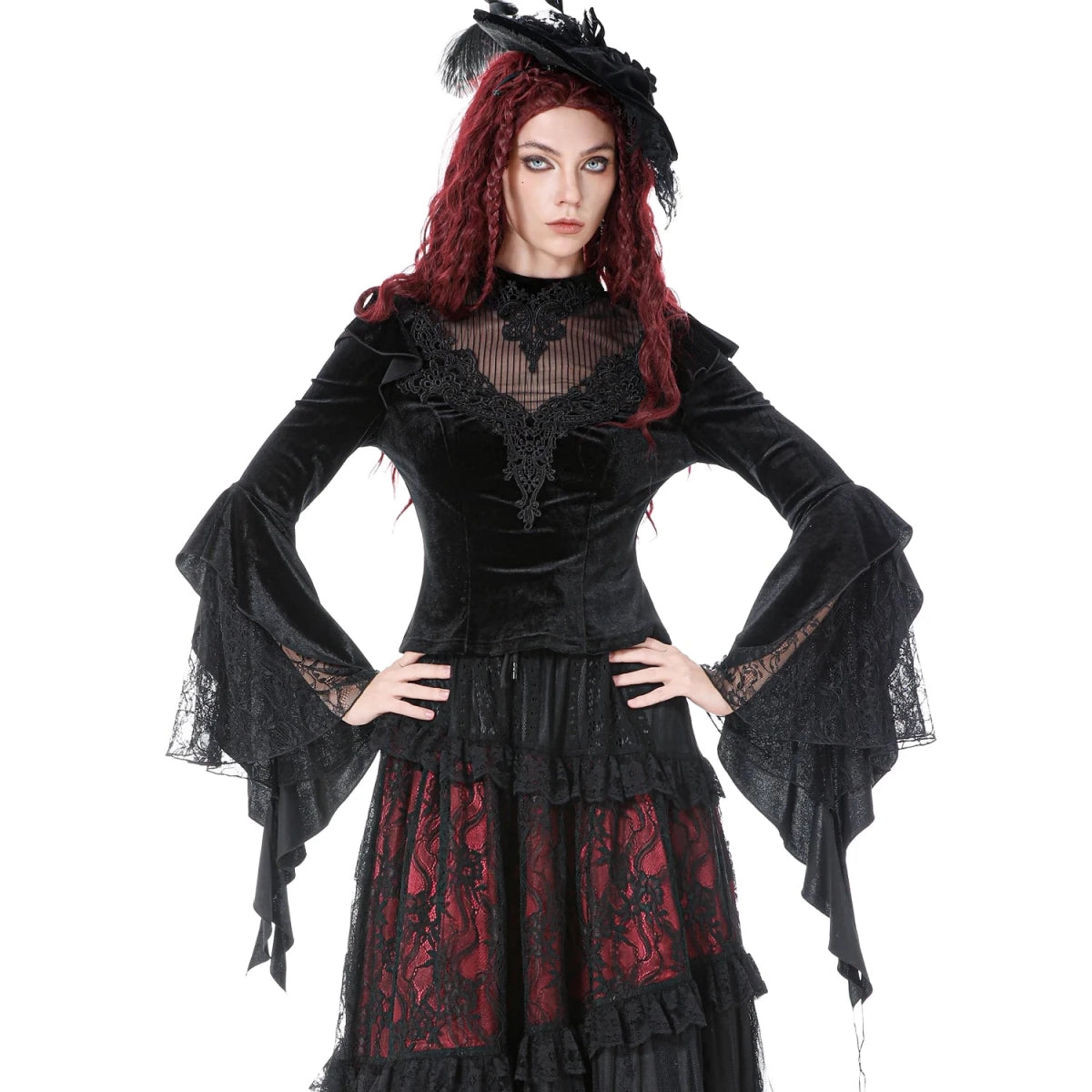 Camiseta de Terciopelo con Encaje y Mangas Bell - Crazyinlove