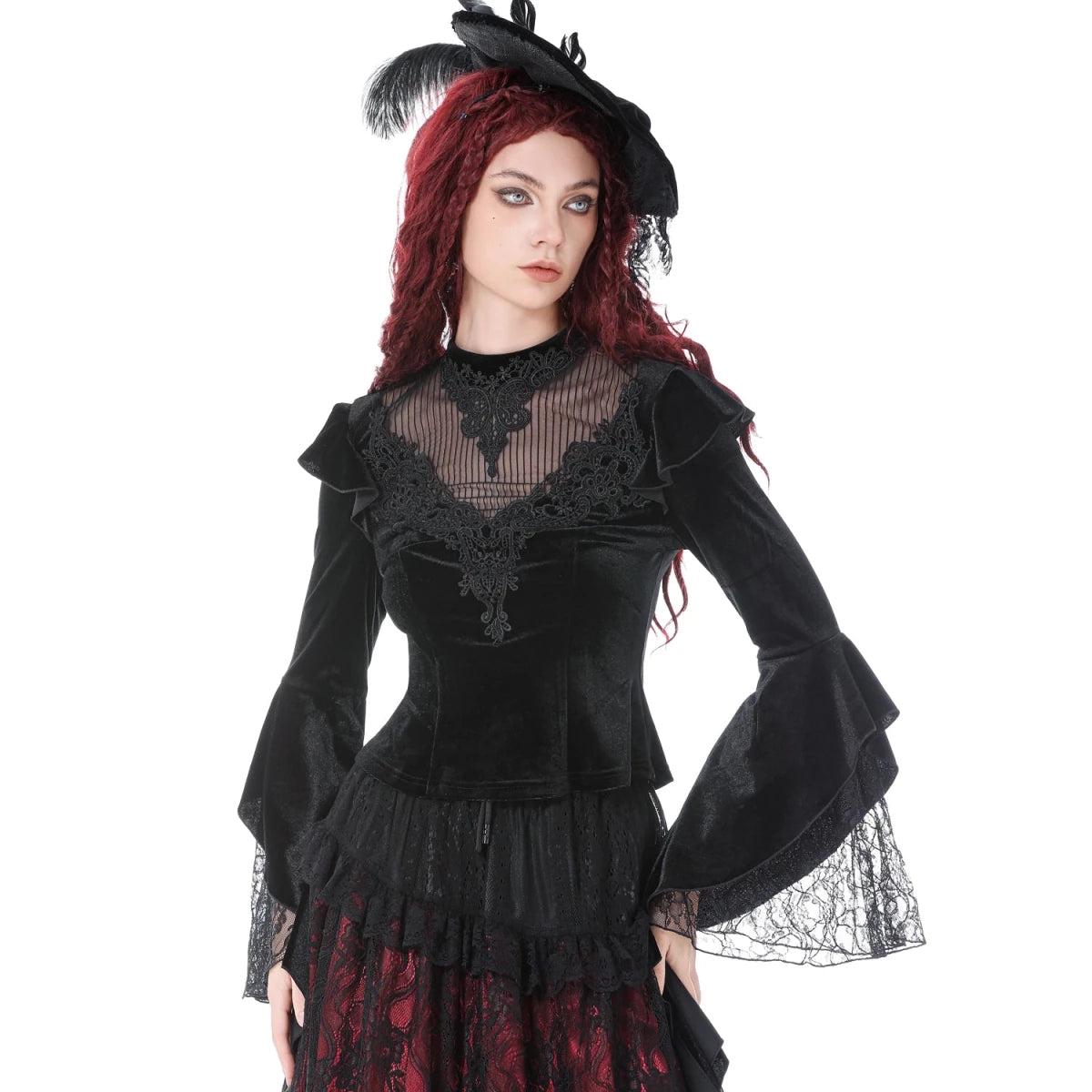 Camiseta de Terciopelo con Encaje y Mangas Bell - Crazyinlove