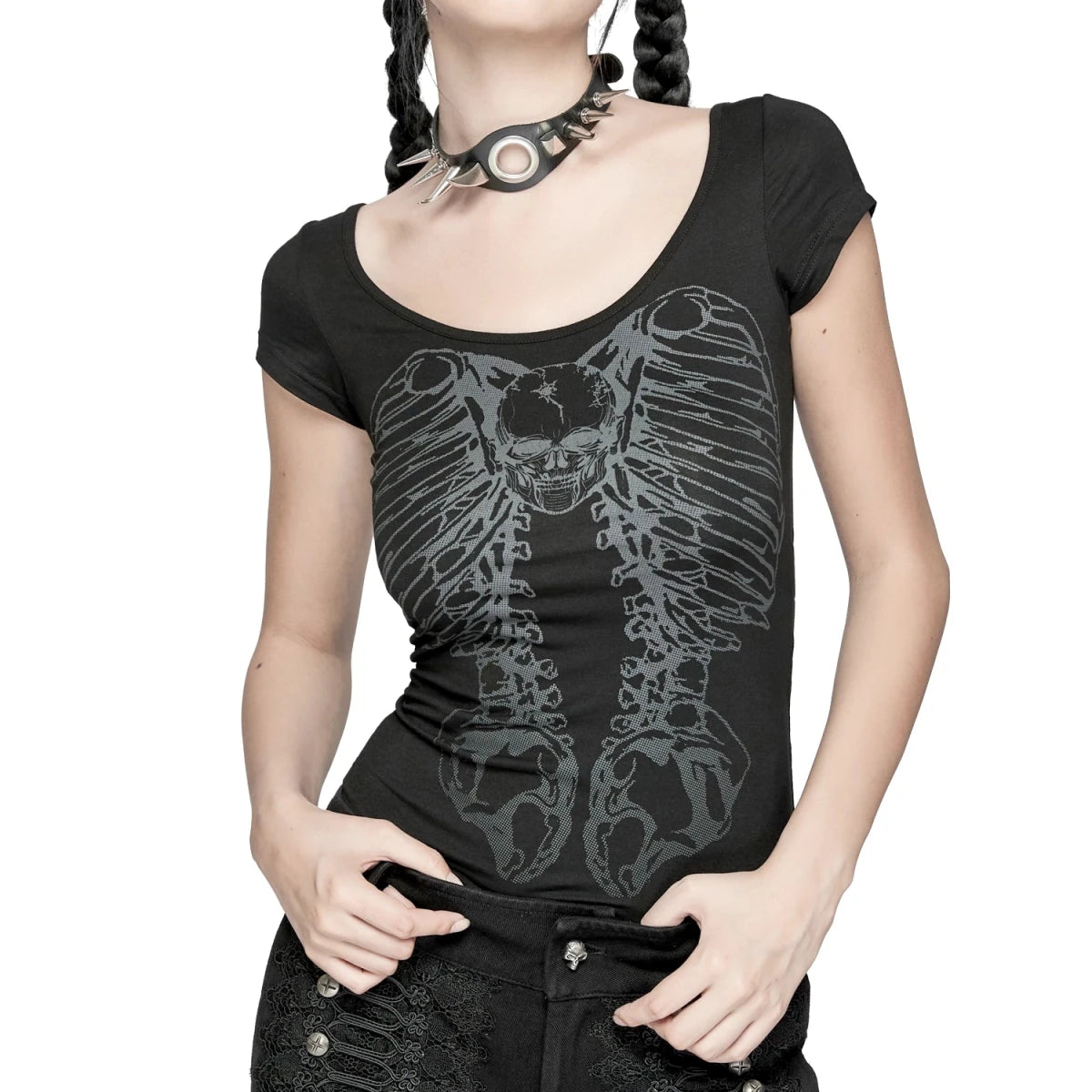 Camiseta Gótica de Esqueleto con Espalda de Anillas - Crazyinlove