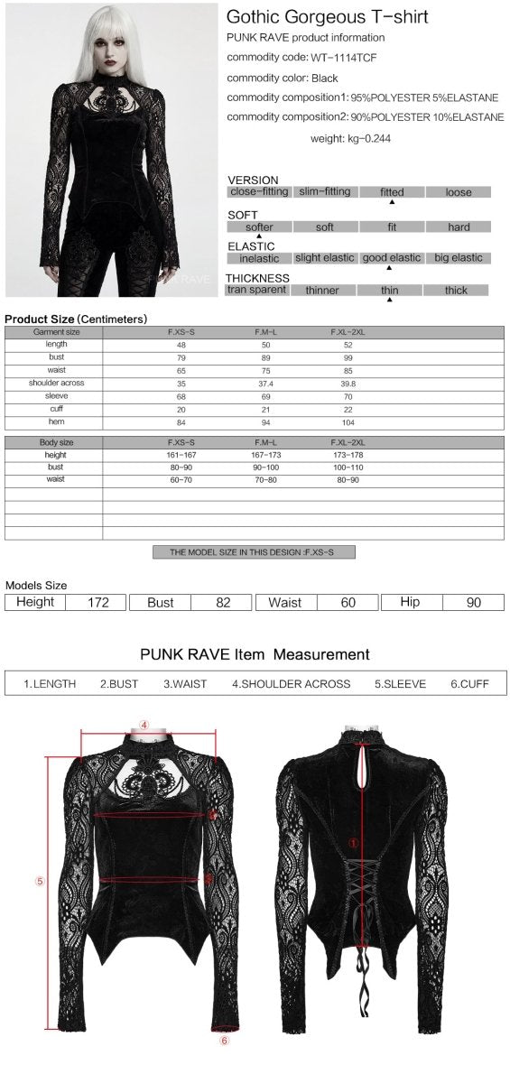 Ficha técnica y tabla de medidas de la camiseta gótica de terciopelo WT-1114TCF