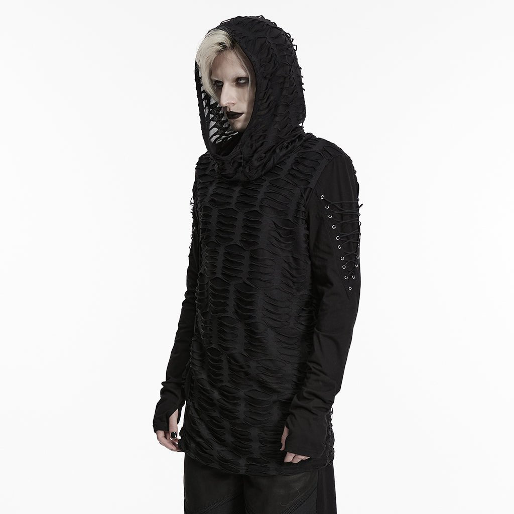 Camiseta Gótica Hombre Negra Rasgada con Capucha - Crazyinlove