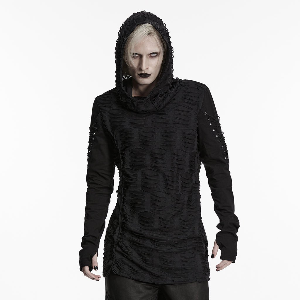 Camiseta Gótica Hombre Negra Rasgada con Capucha - Crazyinlove