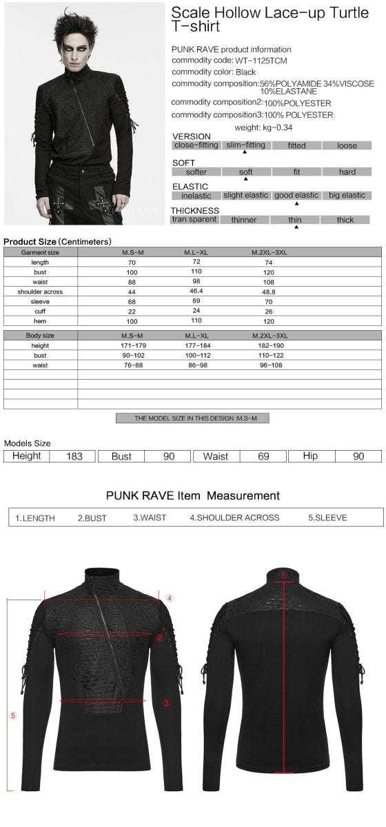 Ficha técnica y tabla de medidas de la camiseta gótica de hombre con textura de serpiente WT-1125TCM