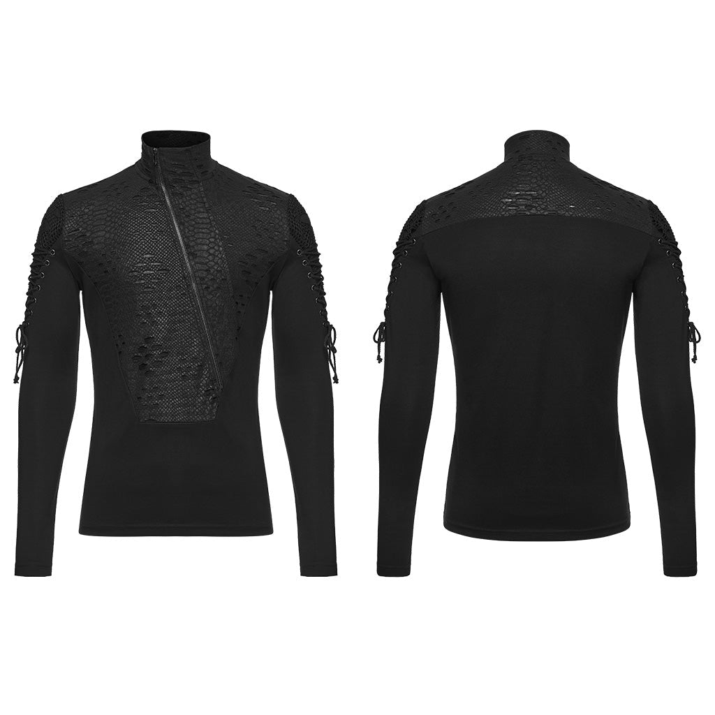 Camiseta negra con cremallera diagonal en plano, delantero y espalda