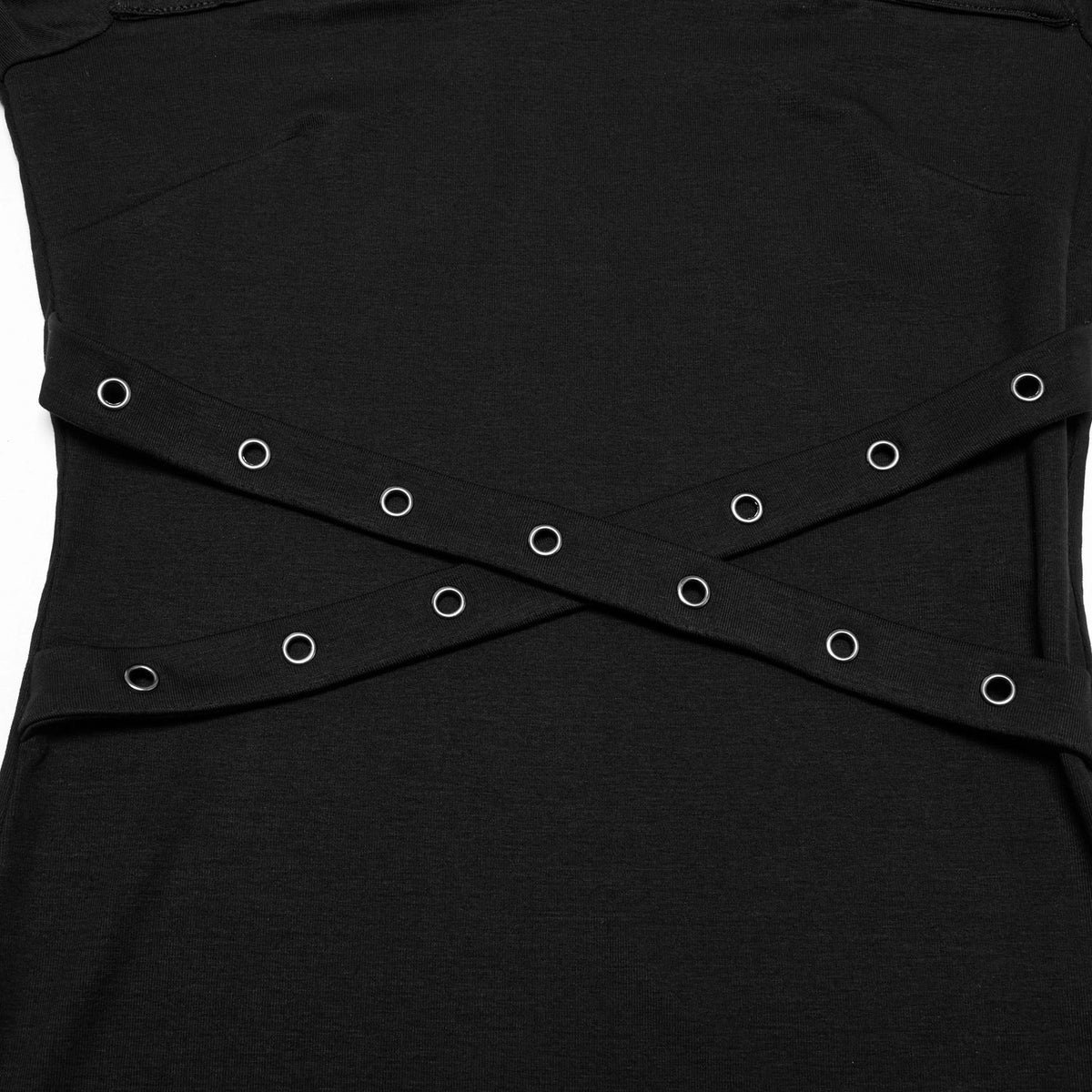 Schwarzes schulterfreies T-Shirt mit gekreuzten Ösenbändern