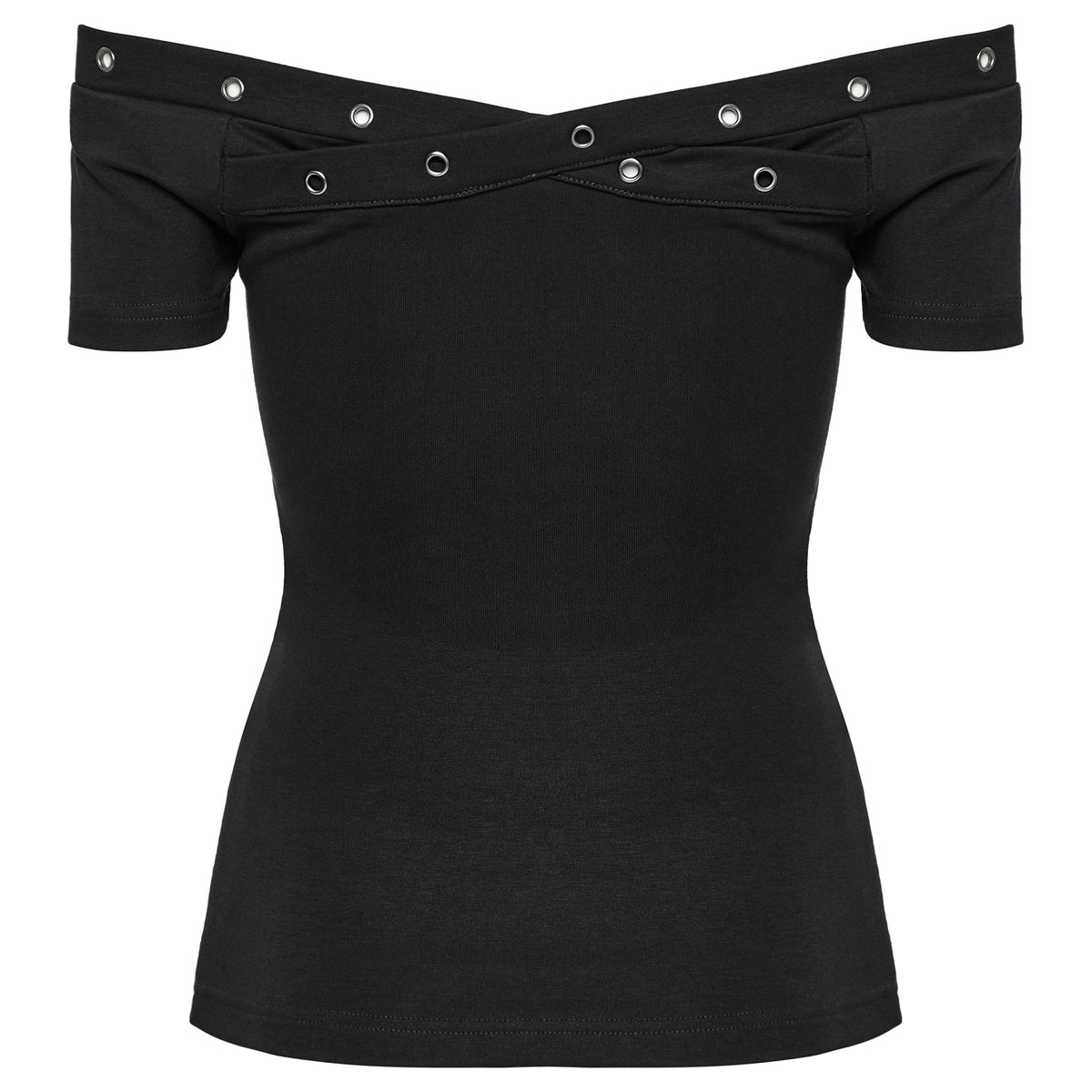Schwarzes schulterfreies T-Shirt mit gekreuzten Ösenbändern