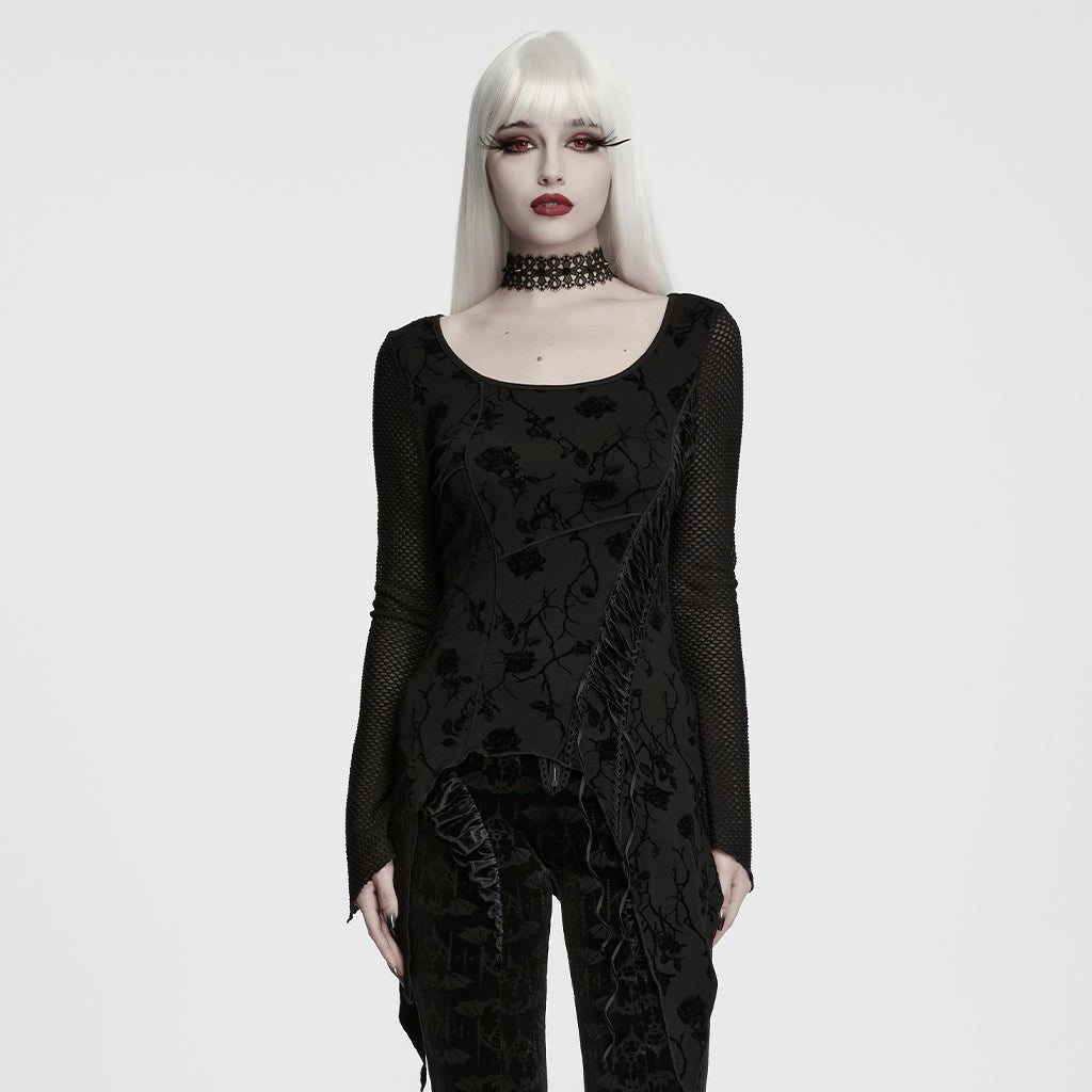 Camiseta Negra de Manga Larga con Estampado Floral y Mangas de Malla - Crazyinlove