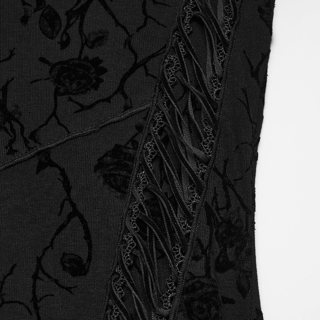 Camiseta Negra de Manga Larga con Estampado Floral y Mangas de Malla - Crazyinlove