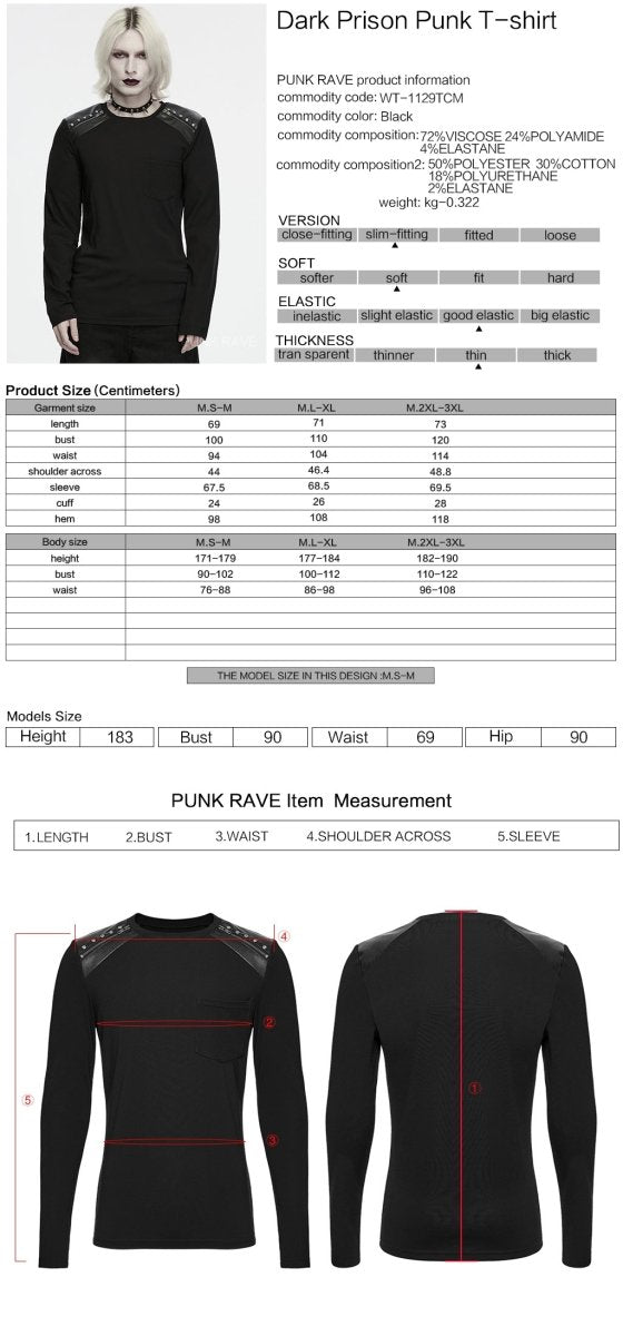 Ficha técnica y tabla de medidas de la camiseta punk de hombre con hombros de polipiel WT-1129TCM