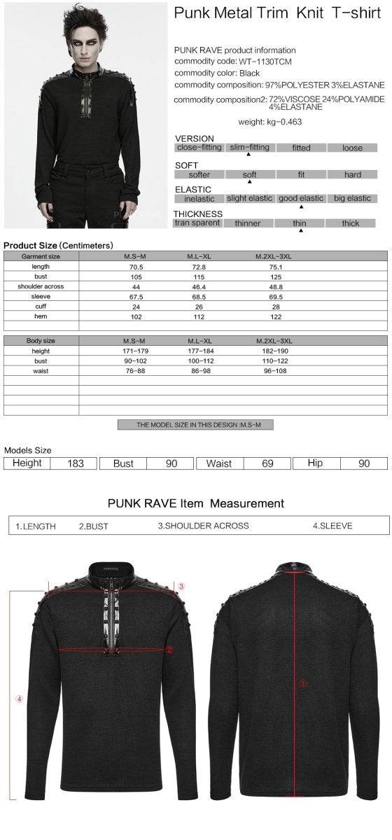 Ficha técnica y tabla de medidas de la camiseta punk de hombre con media cremallera WT-1130TCM