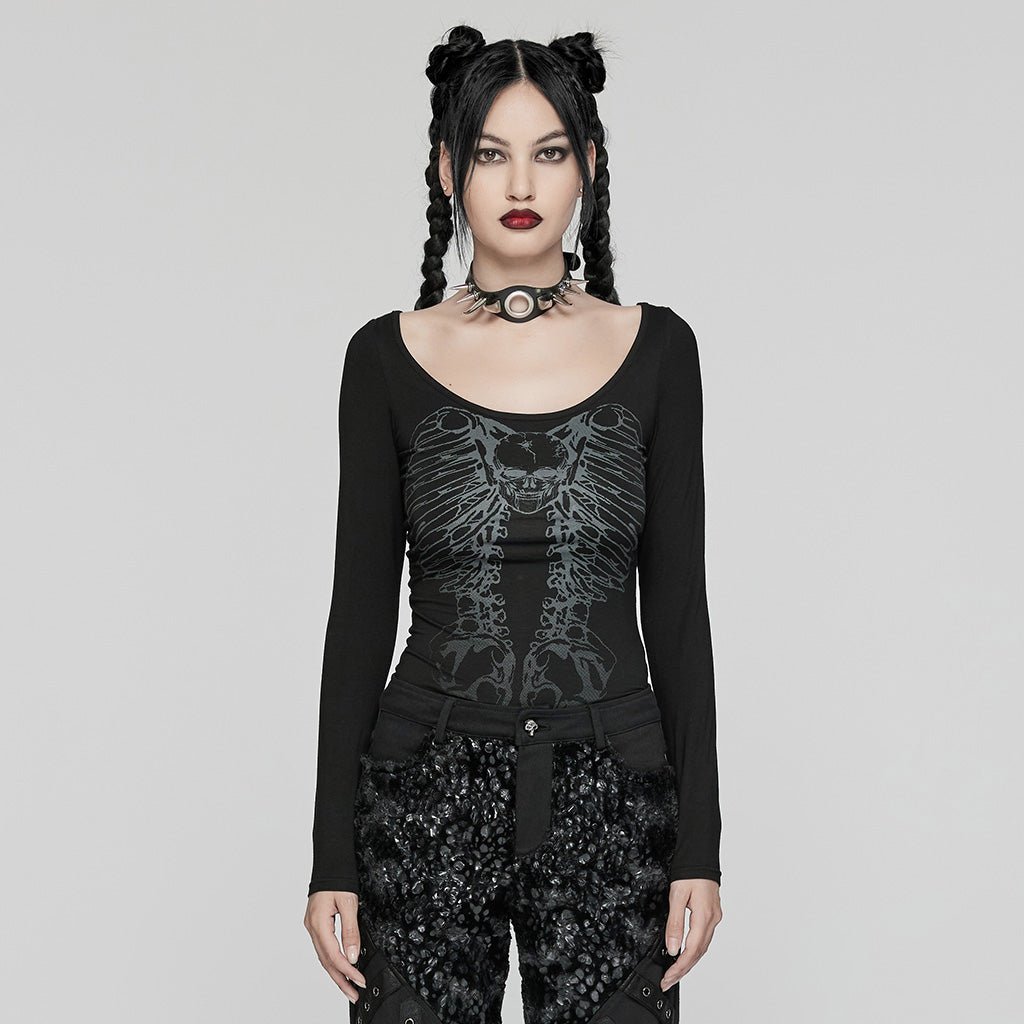 Camiseta punk negra de manga larga con estampado de esqueleto puesta, vista frontal