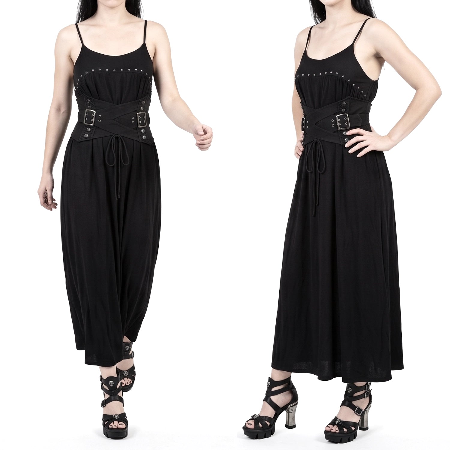 Vestido Largo  con Tachuelas  y Tirantes Finos