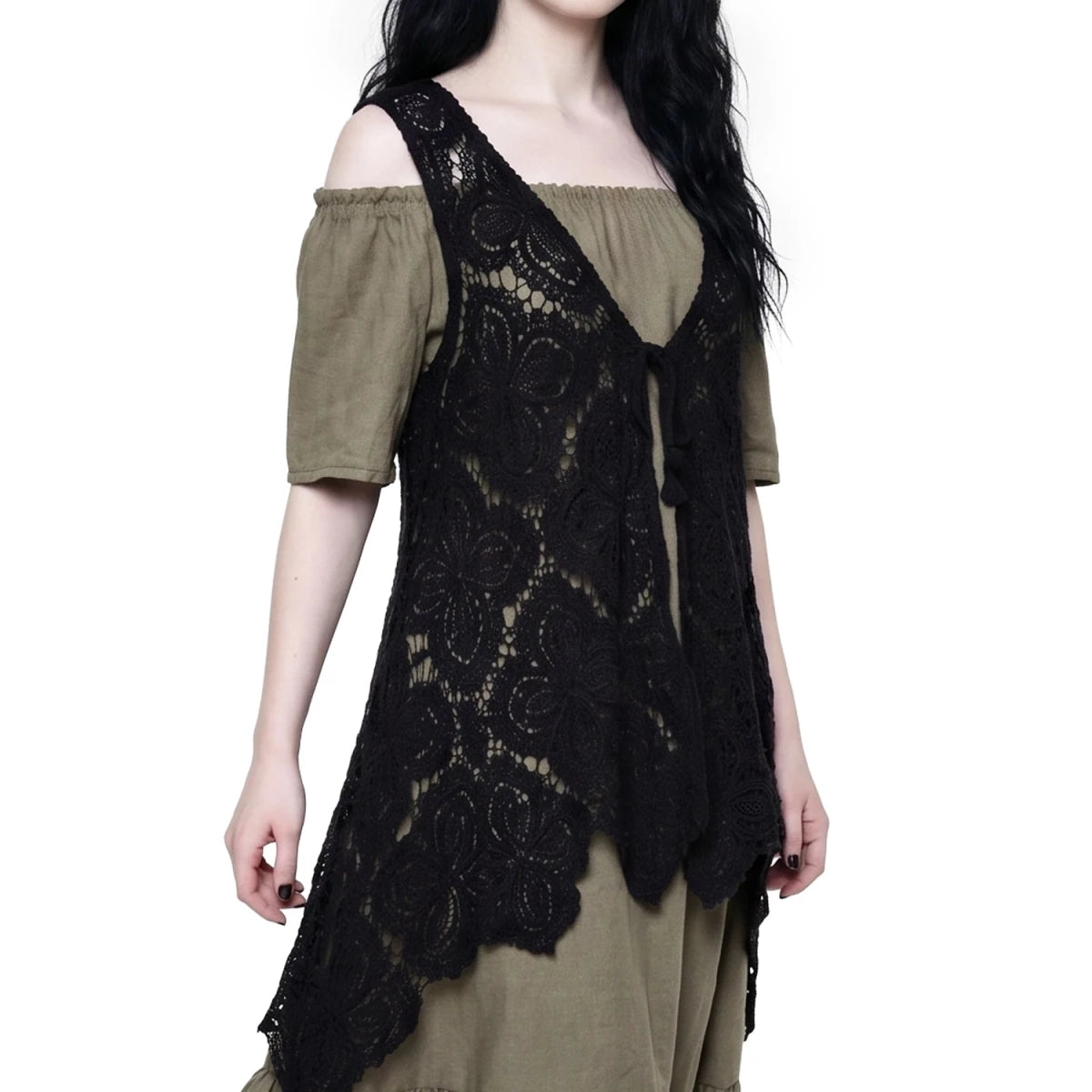 Chaleco de Crochet Asimétrico en Encaje Negro - Crazyinlove