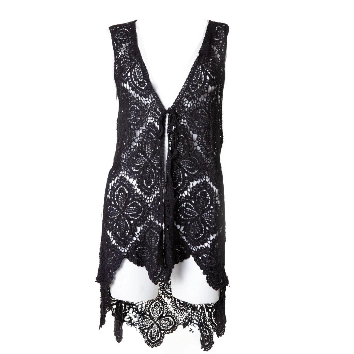 Chaleco de Crochet Asimétrico en Encaje Negro - Crazyinlove