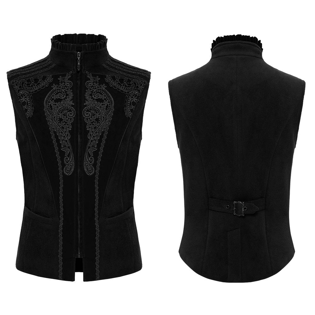 Chaleco negro con apliques en plano, delantero con cremallera y espalda con trabilla