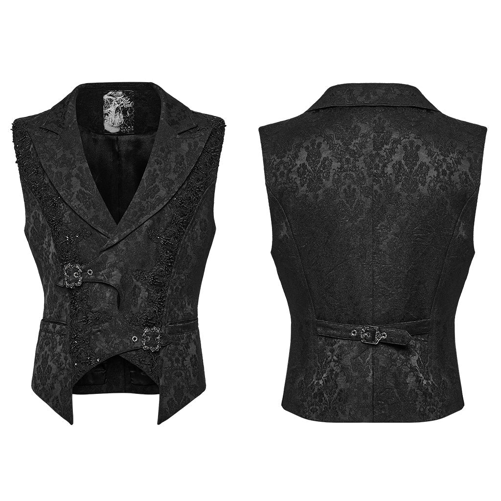 Chaleco de jacquard negro en plano, delantero cruzado y espalda