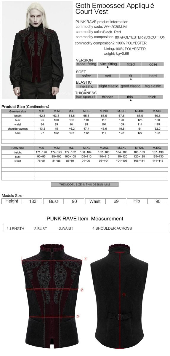 Ficha técnica y tabla de medidas del chaleco negro y rojo WY-2030MJM