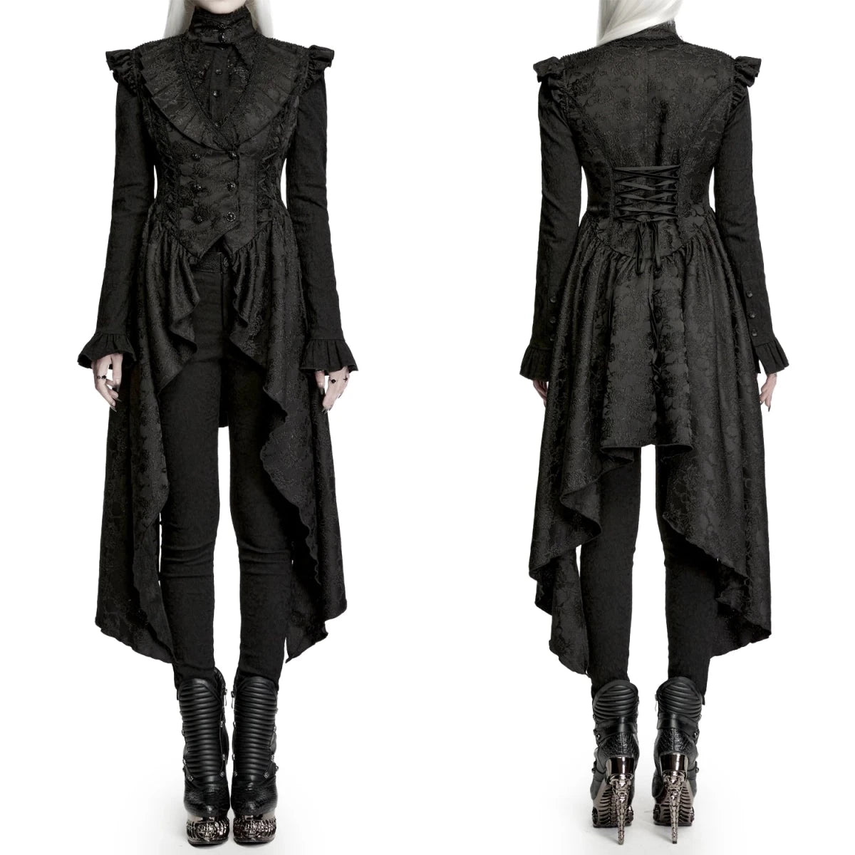 Chaleco Largo Gótico Negro de Jacquard con Cola Asimétrica - Crazyinlove