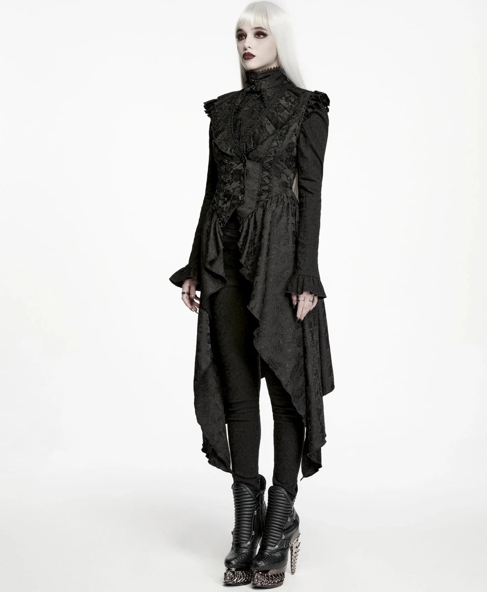 Chaleco Largo Gótico Negro de Jacquard con Cola Asimétrica - Crazyinlove