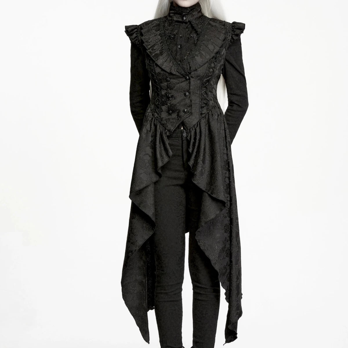 Chaleco Largo Gótico Negro de Jacquard con Cola Asimétrica - Crazyinlove