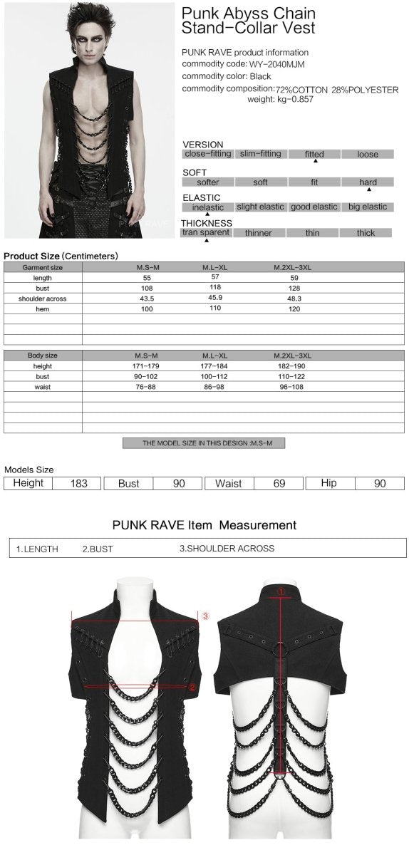Ficha técnica y tabla de medidas del chaleco punk de cadenas en tallas S/M, L/XL y 2XL/3XL