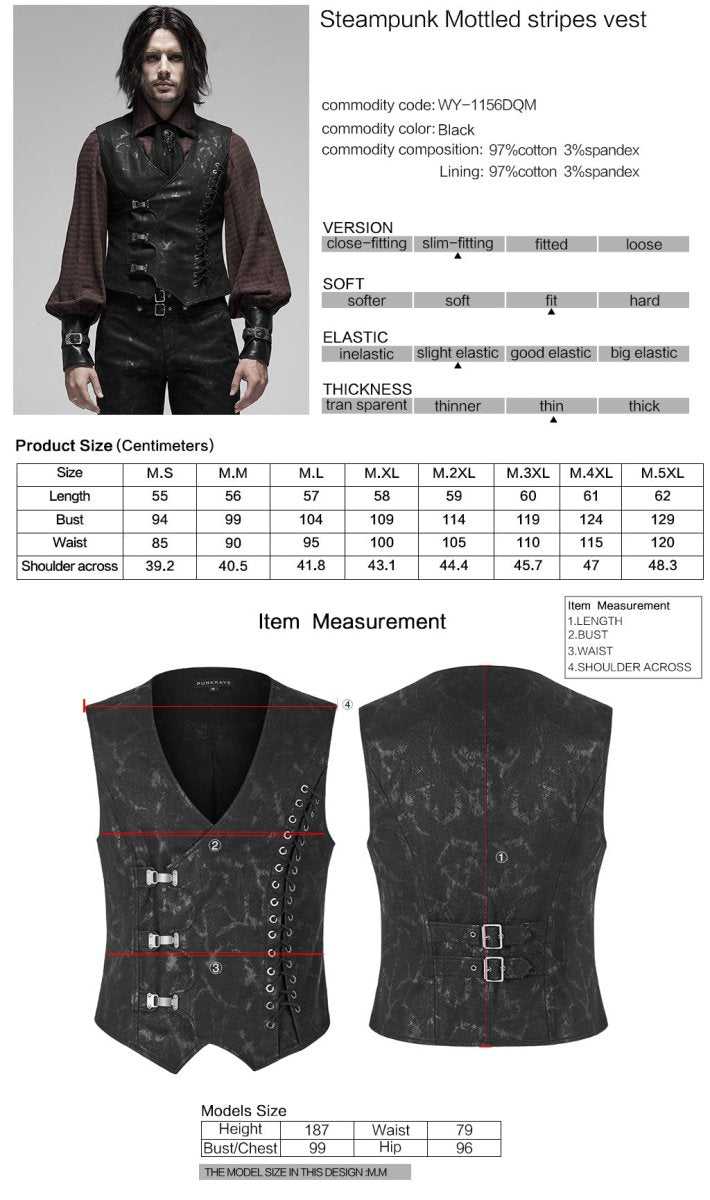 Ficha técnica y tabla de medidas de Chaleco Steampunk Hombre Negro Jaspeado con Cierres Metálicos