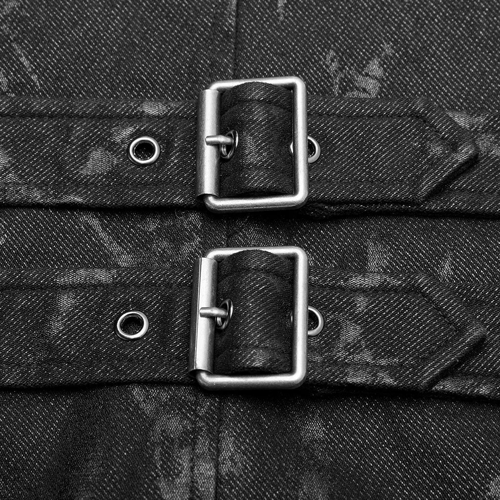 Chaleco steampunk hombre negro jaspeado - detalle de las hebillas de la espalda