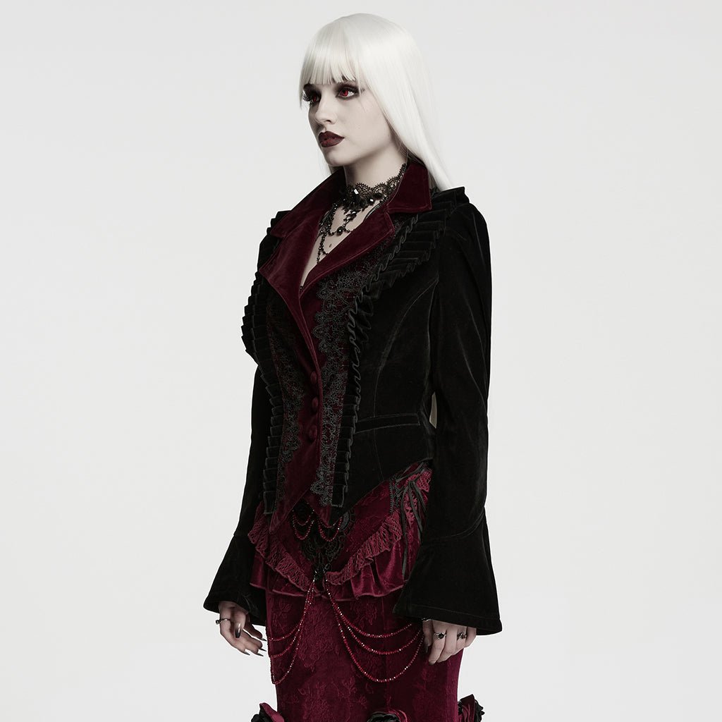 Chaqueta Corta Gótica de Terciopelo Negro y Burdeos con Mangas Acampanadas - Crazyinlove