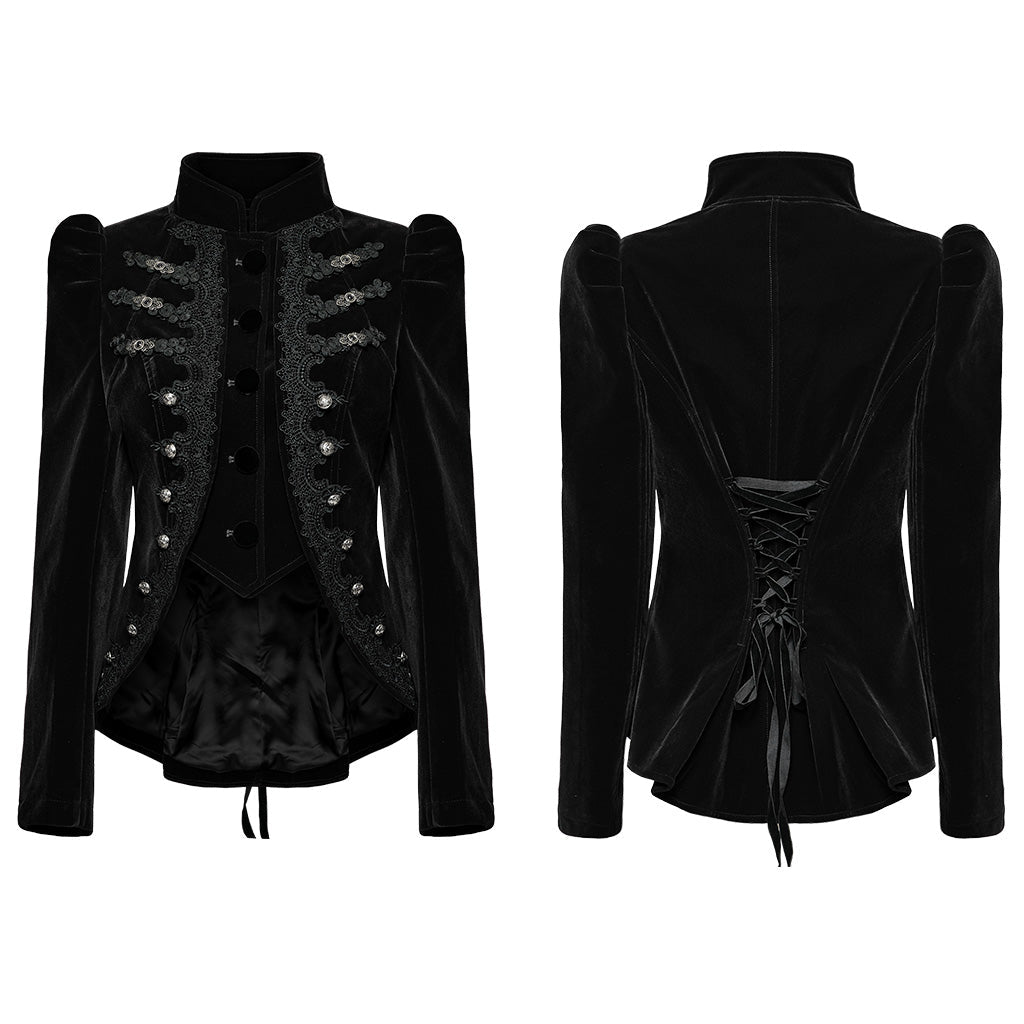 Chaqueta de terciopelo negro en plano, delantero con panel central y espalda con lazada