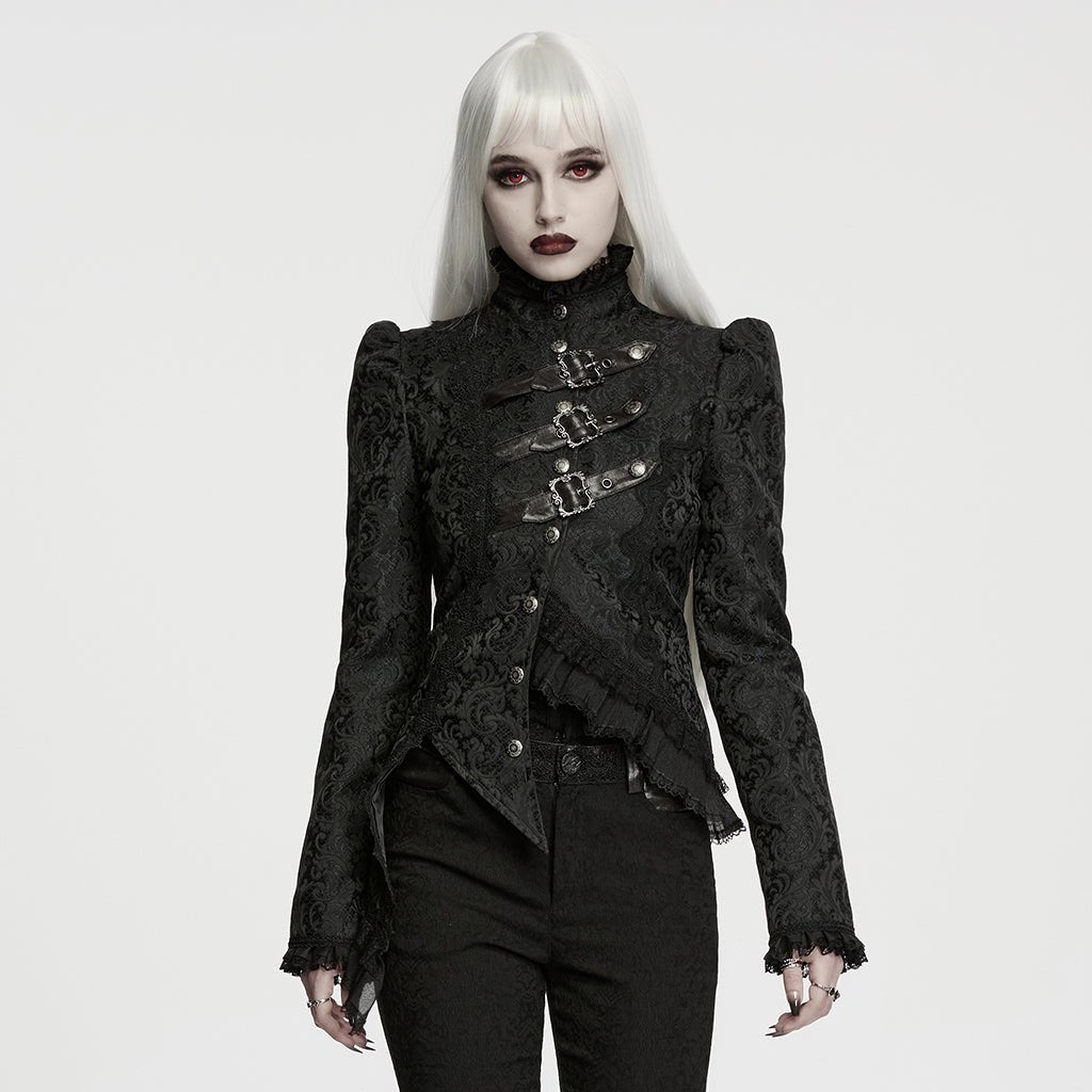 Chaqueta Gótica Negra de Brocado Asimétrica con Hebillas - Crazyinlove