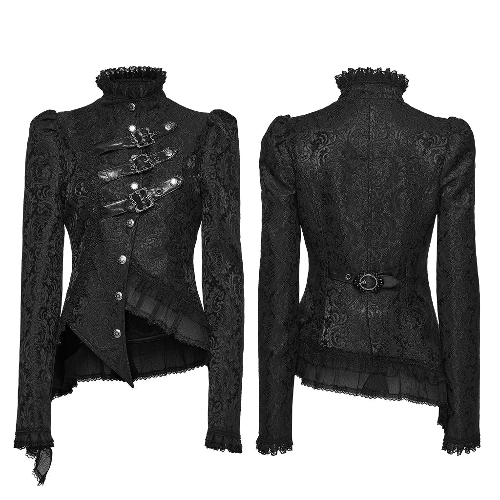 Chaqueta Gótica Negra de Brocado Asimétrica con Hebillas - Crazyinlove