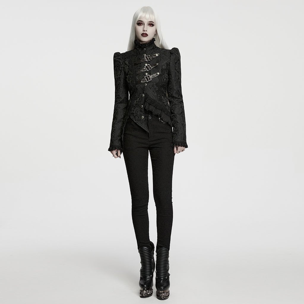 Chaqueta Gótica Negra de Brocado Asimétrica con Hebillas - Crazyinlove