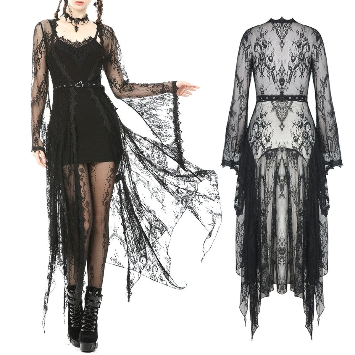 Chaqueta larga negra transparente de encaje - vista trasera