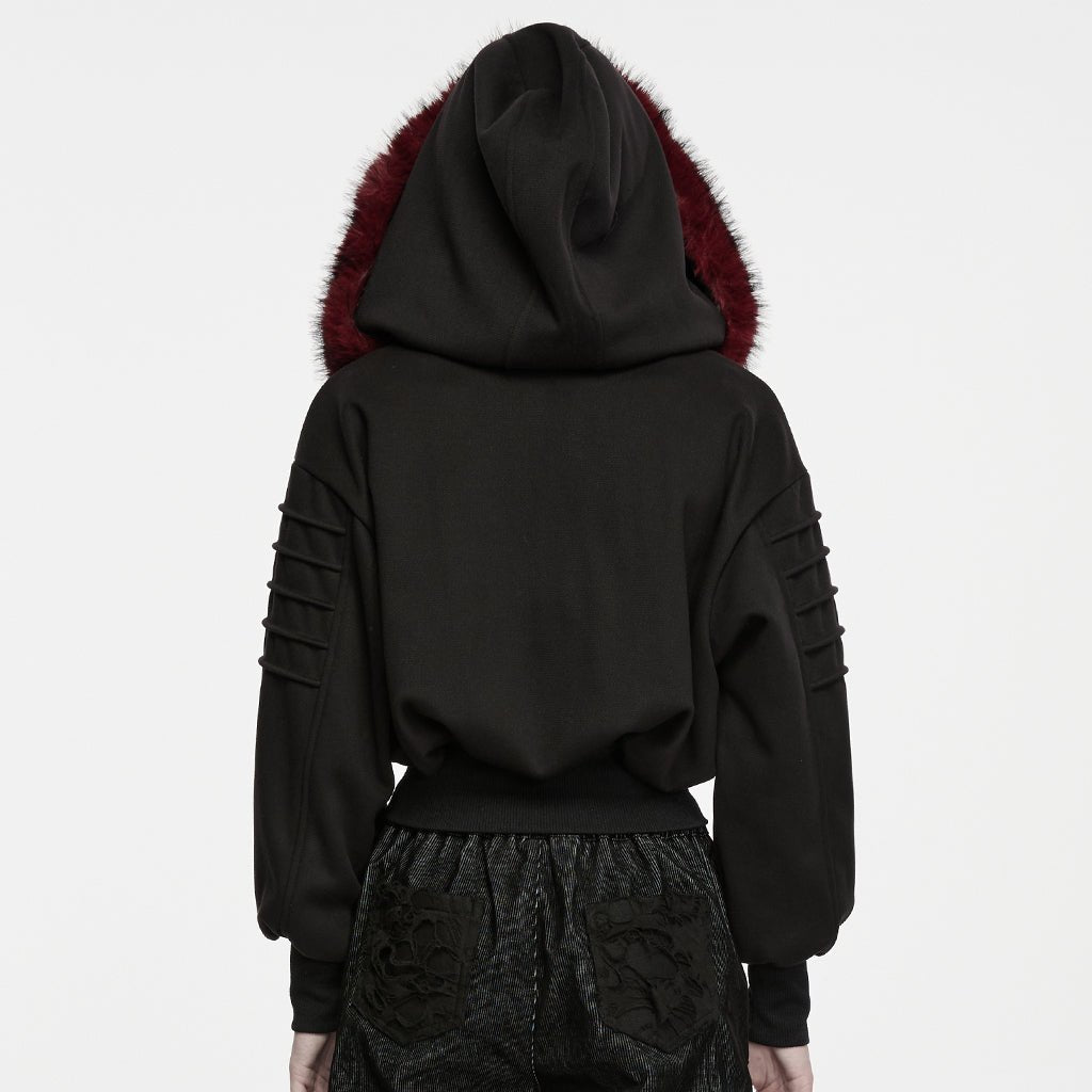 Chaqueta Negra con Capucha de Pelo Rojo - Crazyinlove