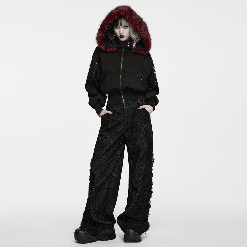 Chaqueta Negra con Capucha de Pelo Rojo - Crazyinlove
