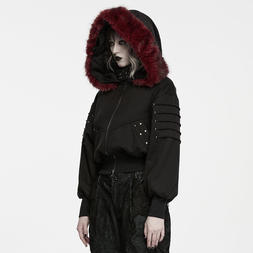 Chaqueta Negra con Capucha de Pelo Rojo - Crazyinlove