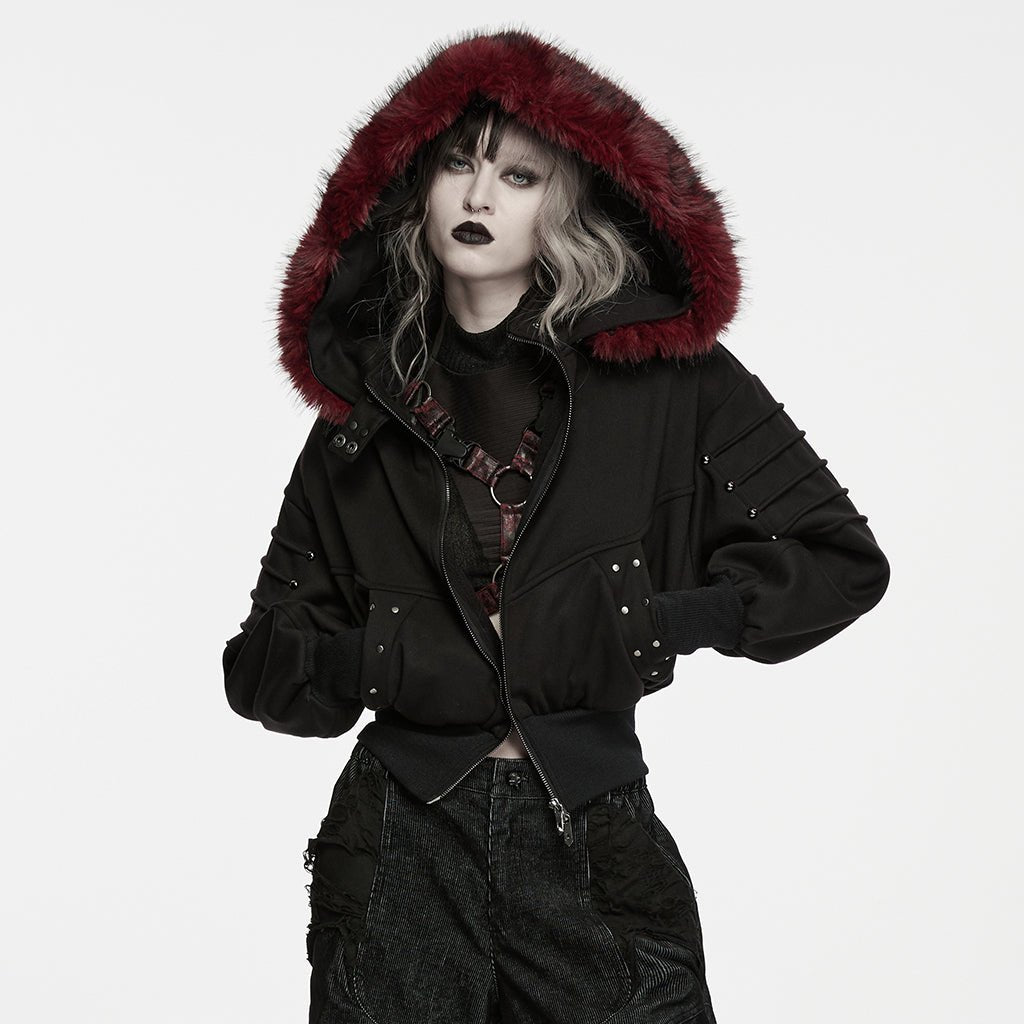 Chaqueta Negra con Capucha de Pelo Rojo - Crazyinlove